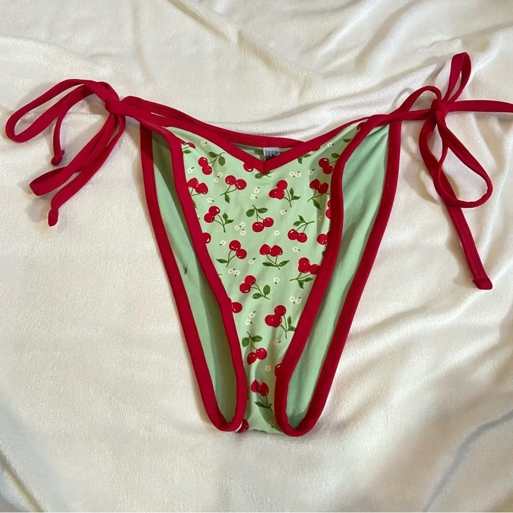 New! Frankie’s Bikinis x Pink Cherry Print Bikini Bottom green 1546